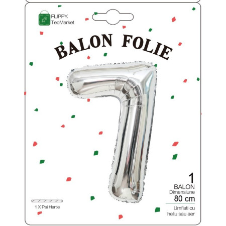 Balon din Folie Metalizata, Cyrax, Figurina Cifra, Tema Aniversare 80 cm, Ambalaj Individual, Pai inclus, Umflare cu Aer sau Heliu, Argintiu, Cifra 7