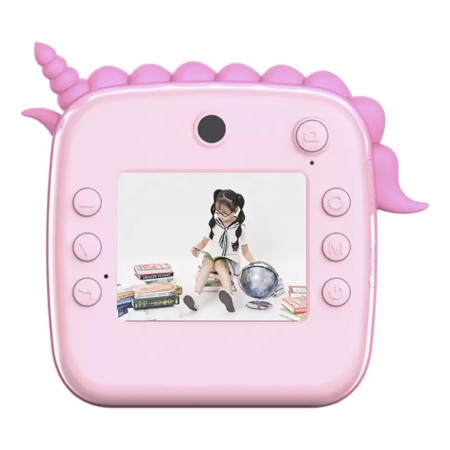 Set Camera Instantanee pentru Copii, Cyrax, Ecran HD 2.4'', 24MP, 1200 mAh, cu Functie de Printare Alb-Negru, cablu USB-C, Bluetooth, Compatibil iOS/Android, Model Unicorn, Roz