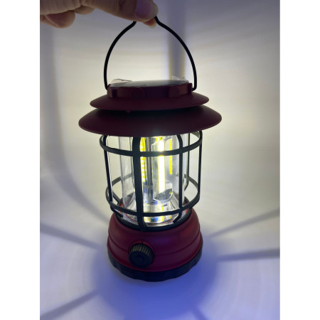 Lampa portabila camping, Felinar Vintage, ABS, Iluminare 30 COB LED, Intensitate reglabila, Acumulator inclus, Incarcare Solara si USB, 5W,  Rosu