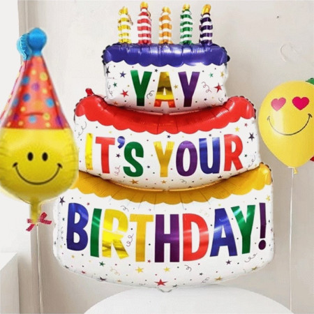 Balon din Folie Metalizata, Cyrax, Model Tort cu 3 Straturi, Balon Aniversar, Model Birthday Cake, 102x62 cm, Ambalaj Individual, Pai inclus, Umflare cu Aer sau Heliu, Multicolor