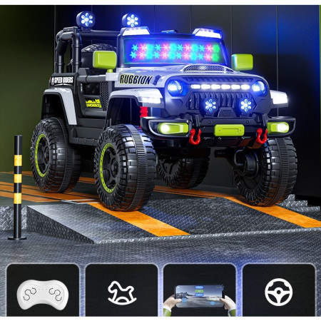 Masina Electrica pentru Copii, Cyrax, Off-Road, Conectare Bluetooth, telecomanda, Tractiune Spate, Lumina Intermitenta, Baterie 12V 7Ah, 120 x 63 x 68cm, Gri