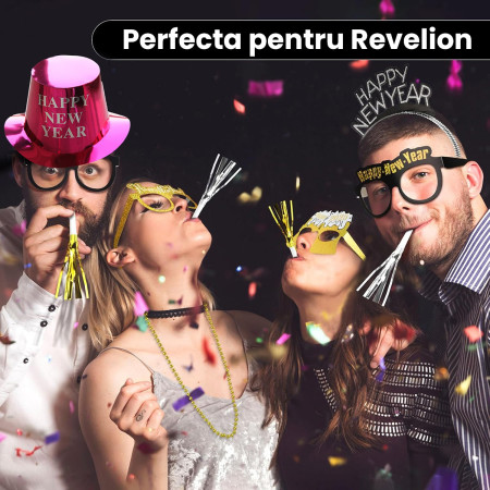Palarie Happy New Year pentru Revelion, Cyrax, Palarie Festiva de Anul Nou, Palarie Magica din Hartie, 29 x 25 x 15.5 cm, Colorata Sclipitor Roz