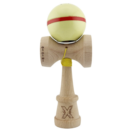 Kendama X Originala Silken, Profesionala, Cyrax, Cupe Mari KING SIZE V3, Super Sticky, Gaura in Baza, Rulment Metalic, din lemn 18 cm, Ata 62/65 cm, Cream Galben