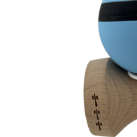 Kendama X Originala, Profesionala, Cyrax, Cupe Mari KING SIZE V3, Rubber Grip, Gaura in Baza, Rulment Metalic, din lemn 18 cm, Ata 62/65 cm, M Bleu/Negru/Bleu