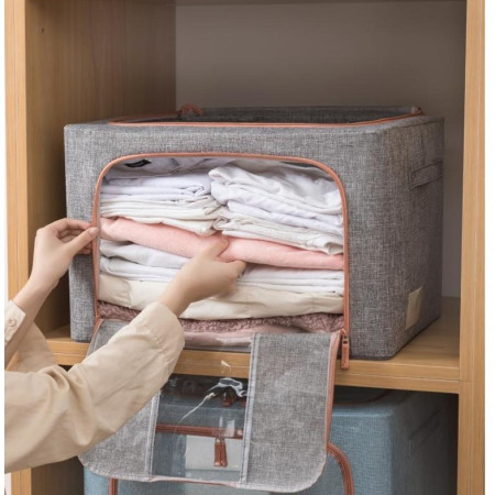 Cutie de Depozitare Pliabila,  24 L, din Bumbac si In, 40x30x20 cm, Fereastra Frontala, 2 Usi de Acces cu Fermoar Bidirectional, Cadru Metalic, Suport Baza Stabil din Plastic, Gri