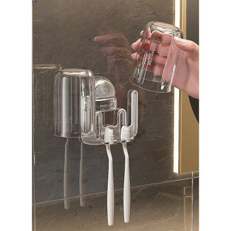 Suport Multifunctional Dublu, Pahar si Suport pentru Periuta de Dinti,  Plastic, 11 cm x 11.5 cm, Gri