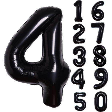 Balon din Folie Metalizata Cyrax, Figurina Cifra, Tema Aniversare 40 cm, Ambalaj Individual, Pai inclus, Umflare cu Aer sau Heliu, Negru, Cifra 4