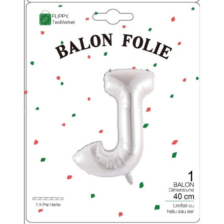 Balon Folie Metalizata Litera J, Cyrax, 40 cm, Umflati cu Heliu sau Aer, Ambalaj Individual, Pai inclus, Argintiu