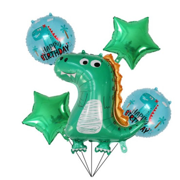 Set 5 Baloane folie de aluminiu, Cyrax, Figurina Dinozaur, pentru aniversare HAPYY BIRTHDAY, Stelute Verzi si Baloane Albastre, 50 - 70 cm