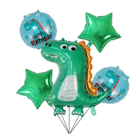 Set 5 Baloane folie de aluminiu, Cyrax, Figurina Dinozaur, pentru aniversare HAPYY BIRTHDAY, Stelute Verzi si Baloane Albastre, 50 - 70 cm