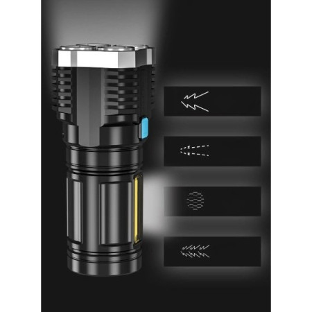 Lanterna LED Tactica 2 in 1,  4 Moduri de Iluminare, Tip Proiector COB, Rezistenta la Apa, Reincarcabila, USB, Lanterna de Drumetii, 13.6 x 5 cm, Negru