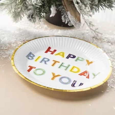 Set 10 Farfurii Unica Folosinta, Cyrax, Imprimeu Happy Birthday, din Carton, Diametru 18 cm, Alb