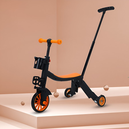 Bicicleta 8 in 1, Cyrax, Transformabila, Multifunctionala, Reglare Inaltime, cu Maner de Impingere Detasabil, Tricicleta, Trotineta, 3 Roti, Pedale, Cosulet, 3-6 Ani, Portocaliu