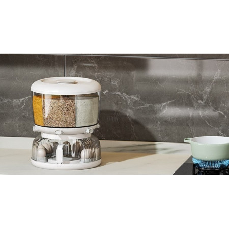 Dozator etajat de cereale Cyrax, rotativ 360, 6 compartimente, capacitate 10L, cofrag special pentru oua, vas pentru scurgerea cerealelor, 35x27.5 cm, alb