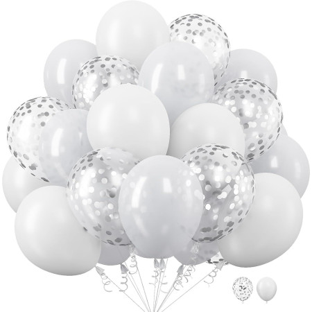 Set 10 Baloane din Latex, Cyrax, Model Party, 30 cm, 5x Alb, 5x Transparent Confetti, 2.8 g