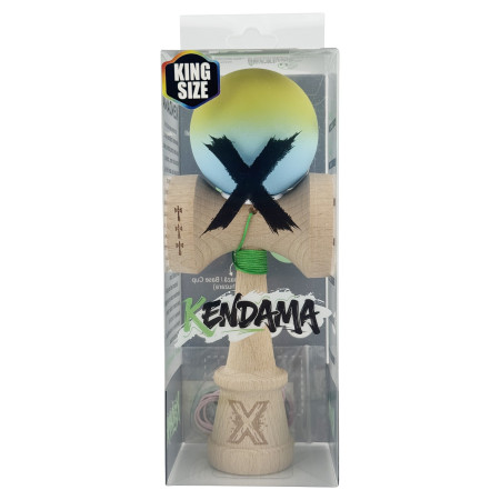 Kendama X Originala, Profesionala, Cyrax, Rubber Grip, Cupe Mari KING SIZE V3, Gaura in Baza, Rulment Metalic, din lemn 18 cm, Ata 62/65 cm, Gradient Galben/Albastru deschis