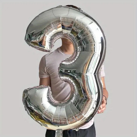 Balon din Folie Cyrax, Cifra 3, 81 cm, Pentru Aer sau Heliu, Bulk, Argintiu