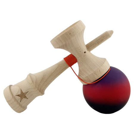 Kendama X Originala, Profesionala, Cyrax, Big Cups V2, Rubber Grip cu Cupe Mari, Rulment Metalic cu Ata 55 cm, Mov/Rosu/Negru