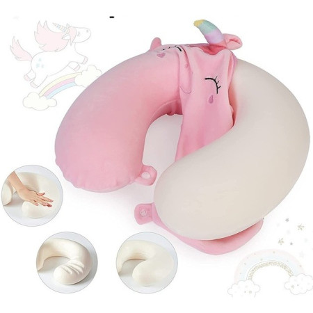 Perna de Calatorie in Forma de U,  Pentru Gat si Cap, Umplutura din Spuma cu Memorie, 30x30 cm, Model Iepuras, Accesoriu de Voiaj, Birou, Masina, Sistem Prindere Capse, Roz