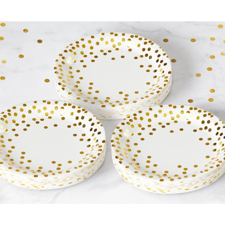 Set 10 Farfurii Unica Folosinta, Cyrax, Imprimeu cu Buline, din Carton, Diametru 23 cm, Alb/Auriu