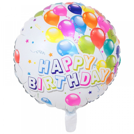 Set 3 Baloane din Folie Metalizata, Cyrax, Mini Figurina Rotunda, Model Happy Birthday, 45 cm, Ambalaj Individual, Pai inclus, Umflare cu Aer sau cu Heliu, Multicolor