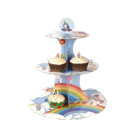 Etajera pentru Prajituri, Cyrax, din Carton, 3 Nivele, 16/22/29 cm Diametru, Inaltime 38 cm, Tema Unicorni, Multicolor