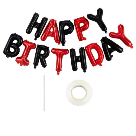 Set Baloane din Folie Metalizata, Cyrax, Model Happy Birthday, Litere de 40 cm, Baloane Party, Ambalaj Individual, Pai, Ata si Adeziv Incluse, Umflare cu Aer sau Heliu, Rosu-Negru