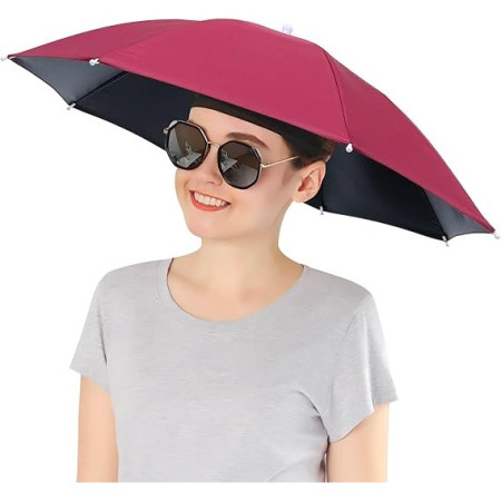 Umbrela de Cap,  Diametru 69 cm, Banda Elastica de Cap, Protectie UV/Ploaie, Rosu Inchis
