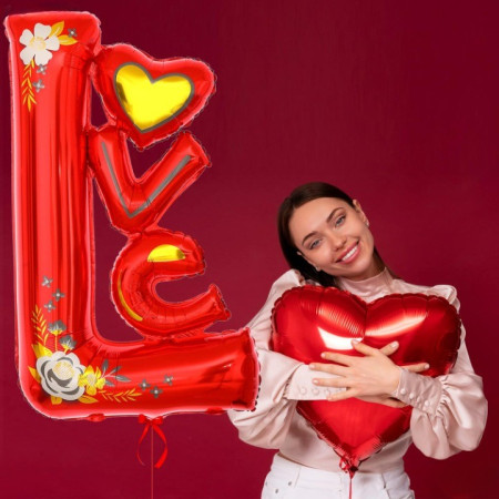 Balon din Folie Metalizata, Cyrax, Figurine, Model LOVE, Tematica Iubire, 110x64 cm, Ambalaj Individual, Pai Inclus, Umflare cu Aer sau Heliu, Rosu