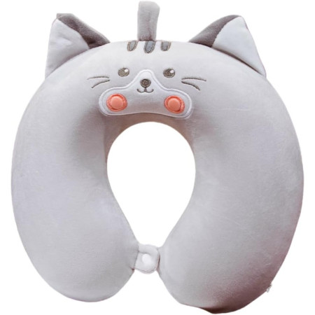 Perna de Calatorie in Forma de U,  Pentru Gat si Cap, Umplutura din Spuma cu Memorie, 30x30 cm, Model Pisica, Accesoriu de Voiaj, Birou, Masina, Sistem Prindere Capse, Gri