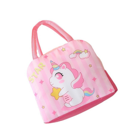 Geanta Termoizolanta pentru Copii, Cyrax, 23x13x19 cm, Model Imprimeu Unicorn, din Folie de Aluminiu si Panza Oxford, Roz