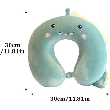Perna de Calatorie in Forma de U,  Pentru Gat si Cap, Umplutura din Spuma cu Memorie, 30x30 cm, Model Dinozaur, Accesoriu de Voiaj, Birou, Masina, Sistem Prindere Capse, Verde