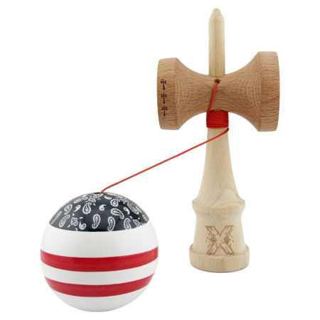 Kendama X CHICANOS Originala, Profesionala, Cyrax, Big Cups V2, Super Sticky cu Cupe Mari, Rulment Metalic, din lemn 18 cm, Ata 55 cm, Negru/Alb