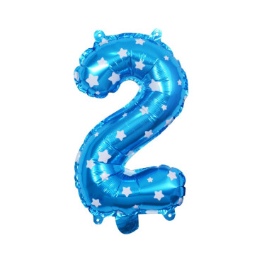 Balon din Folie Metalizata Cyrax, Figurina Cifra, Imprimeu Stele, Tema Aniversare 80 cm, Ambalaj Individual, Pai inclus, Umflare cu Aer sau Heliu, Albastru, Cifra 2