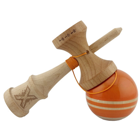 Kendama X Rainbow Originala, Profesionala, Cyrax, Big Cups V2, Super Sticky cu Cupe Mari, Rulment Metalic, din lemn 18 cm, Ata 55 cm, Portocaliu/Maro