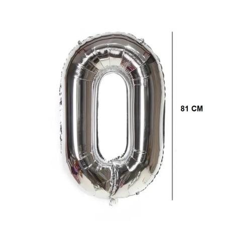 Balon din Folie Cyrax, Cifra 0, 81 cm, Pentru Aer sau Heliu, Bulk, Argintiu