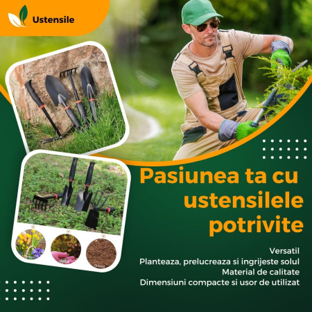 Set 7 Unelte de Gradina  pentru Plantare Prelucrare Sol si Ingrijire Plante, Material PVC si cardboard, 31.5 x 8 cm, negru