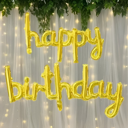 Set Baloane din Folie Metalizată, Cyrax, Model Happy Birthday, 45x85 cm, 45x124cm, Baloane Party, Ambalaj Individual, Pai inclus, Umflare cu Aer sau Heliu, Gold