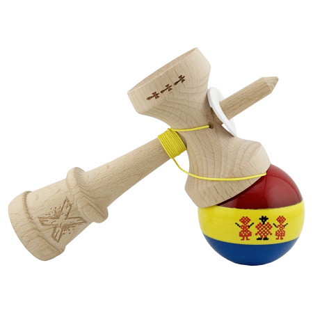 Kendama X Originala, Profesionala, Cyrax, Tricolor Edition Stil Romanesc, Super Sticky cu Cupe Mari KING SIZE V3, Rulment Metalic si Gaura in Baza, din Lemn 18 cm, Ata 62/65 cm, Multicolor