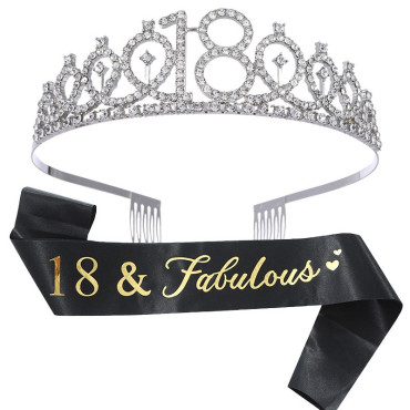 Set 2 Piese pentru Majorat, Cyrax, 15 x 13 x 5 cm, Coronita Printesa Silver si Panglica 18&Fabulous, Negru