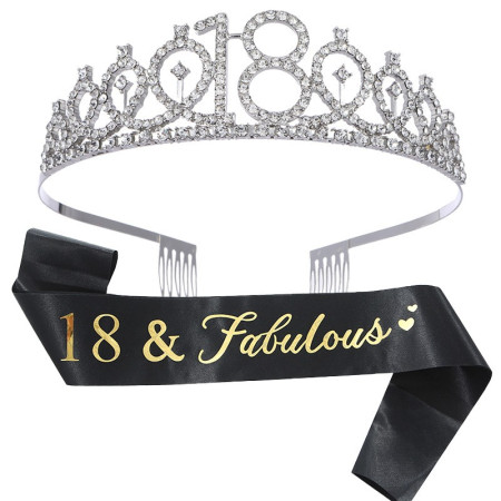Set 2 Piese pentru Majorat, Cyrax, 15 x 13 x 5 cm, Coronita Printesa Silver si Panglica 18&Fabulous, Negru