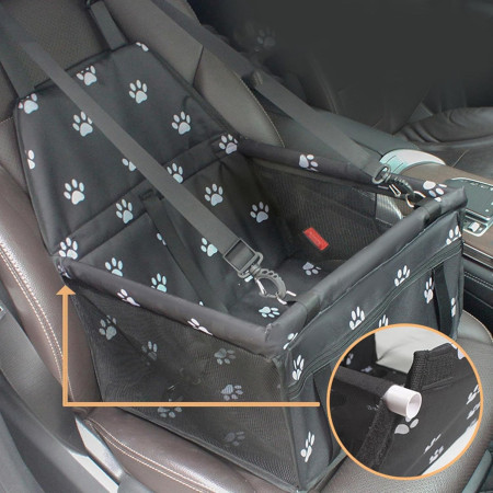Suport pentru Animalele de Companie,  pentru Masina, cu Prindere de Scaun si Centura de Siguranta, Negru cu Imprimeu, 40x32x42cm