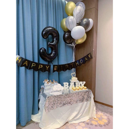 Balon din Folie Metalizata Cyrax, Figurina Cifra, Tema Aniversare 40 cm, Ambalaj Individual, Pai inclus, Umflare cu Aer sau Heliu, Negru, Cifra 3