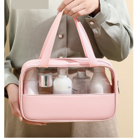 Geanta cosmetice Cyrax, pentru voiaj sau organizare, material PVC/textil, impermeabila, portabila, 30 x 21 x 12 cm, roz