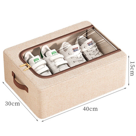 Cutie Depozitare cu Cadru Metalic,  pentru Incaltaminte, Haine, Lingerie, Fermoar Calitativ, Fereastra Transparenta, Manere Laterale, 40 x 30 x 15 cm Bej