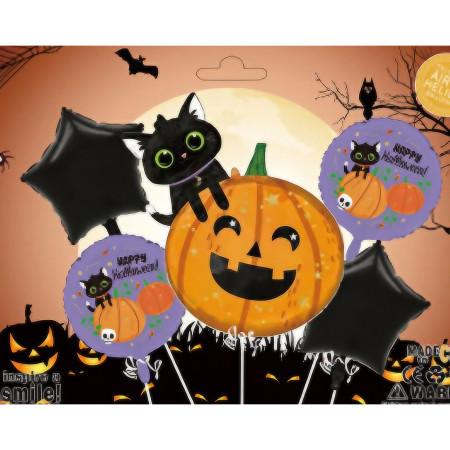Set 5 Baloane din Folie Metalizata, Cyrax, Figurine, Tema Halloween, Pai Inclus, Ambalaj Individual, Umflare cu Aer sau Heliu, Figurina Dovleac si Pisica 84x69 cm, Stelute si Cerculete 45 cm, Multicolor