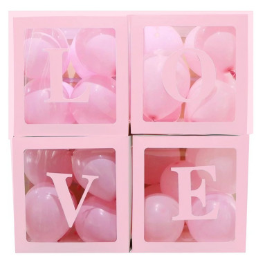 Set 4 Cutii pentru Baloane, Cyrax, Model Scris Love, Tematica Iubire, Cuburi Decorative din Plastic, Accesorii pentru Petrecere, 30 x30 cm, Transparente Contur Roz