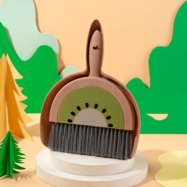 Set Mini Matura si Faras,  LITTLE CLEANER, Uz Casnic, pentru Birou, Bucatarie, Casa, Model Kiwi, 23 x 18 cm Maro-Verde