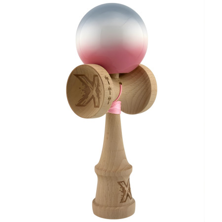 Kendama X Originala, Profesionala, Cyrax, Big Cups V2, Super Sticky Cupe Mari, Rulment Metalic cu Ata 55 cm, Gradient Roz/Alb/Gri
