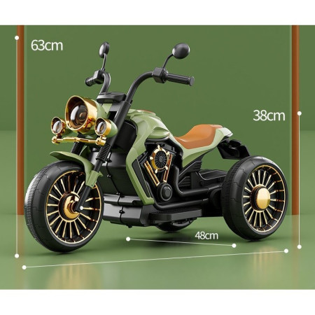 Tricicleta Electrica pentru Copii, Cyrax, cu 2 Acumulatoare 380*2, 6V 4.5, Telecomanda, Bluetooth, Sistem Anti-Rasturnare, Sistem de Lumini si Sunet, 6-8 Ani, 93 x 48 x 63 cm, Verde Negru